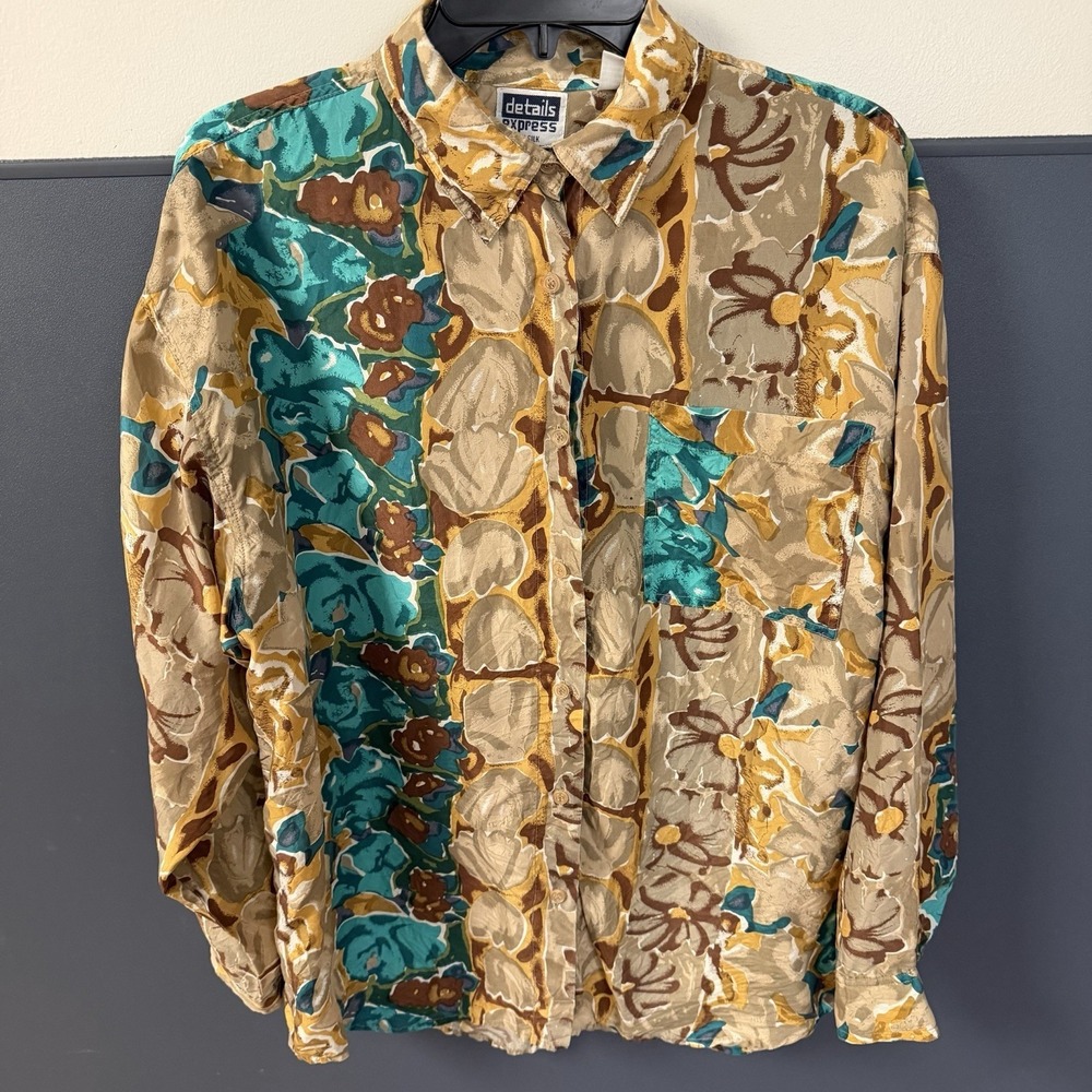 Vintage Details Express 100%‎ Silk Large Multicolor Blouse Women's Long Sleeve